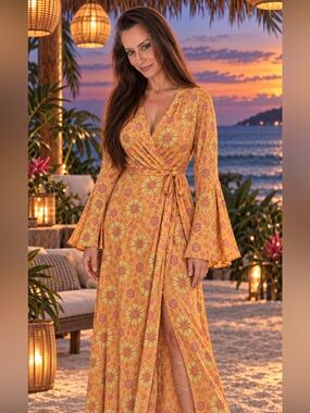 EUC Nine Lives Bazaar Floral Split Bell Boho Wrap Maxi Dress AU 14 US 10